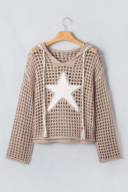 Mocha star pattern crochet hooded knit cover-up with drawstring, lightweight and stylish for casual wear.