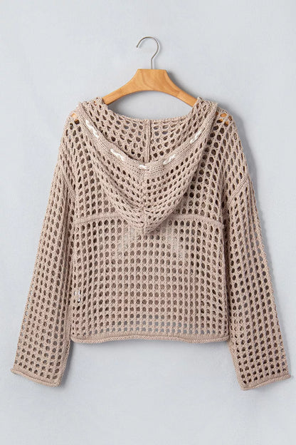 Mocha star pattern crochet hooded drawstring knit cover-up with long sleeves and relaxed fit, ideal for casual beachwear.