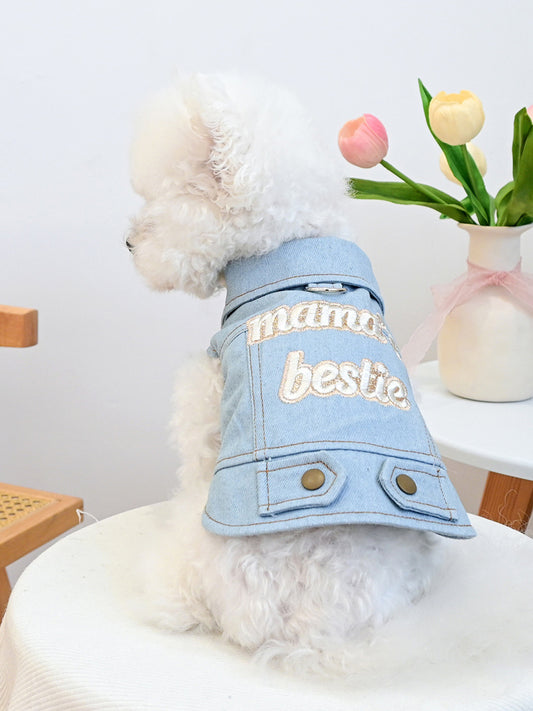 Small embroidered denim pet jacket by Trendsi featuring colorful floral embroidery and a classic denim design.