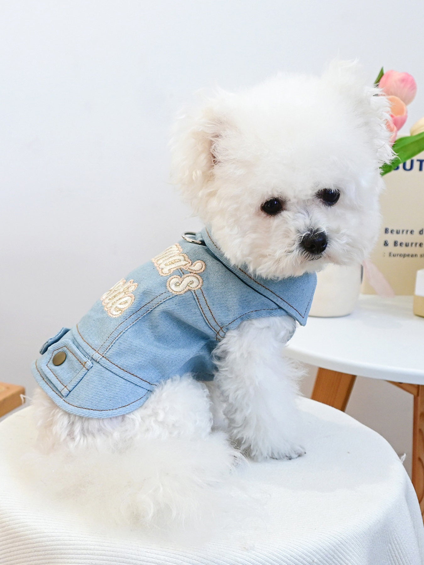 Small embroidered denim pet jacket with floral design from Trendsi, perfect for stylish dogs or cats.