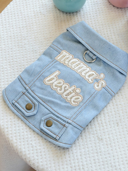 Tiny embroidered denim pet jacket with floral details, designed for small dogs, featuring trendy Trendsi branding.