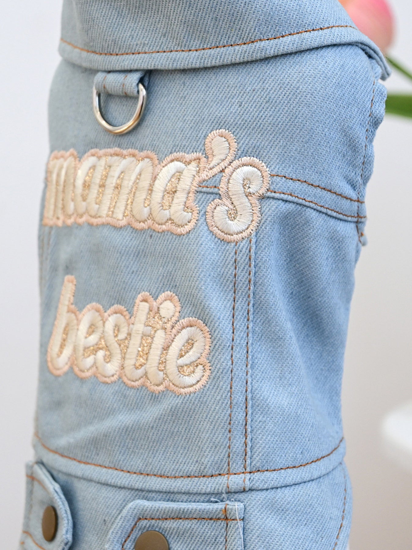 Small embroidered denim pet jacket from Trendsi featuring colorful floral embroidery and a cozy fit for dogs or cats.