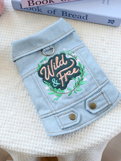 Small embroidered denim pet jacket from Trendsi featuring colorful floral embroidery and a stylish design for dogs.
