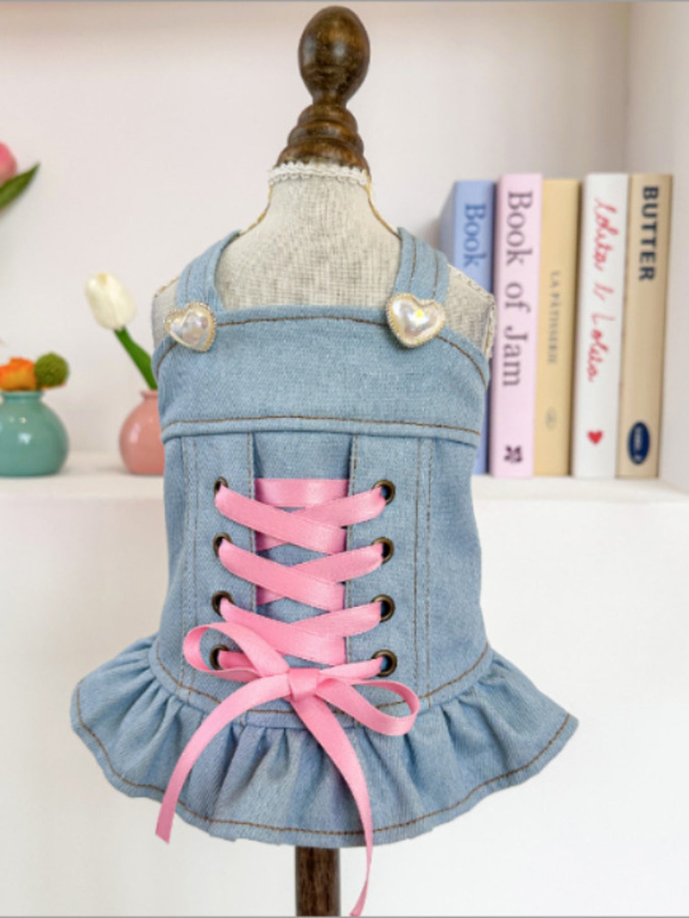 Small embroidered denim pet jacket from Trendsi with floral and bone designs, perfect for stylish dogs.