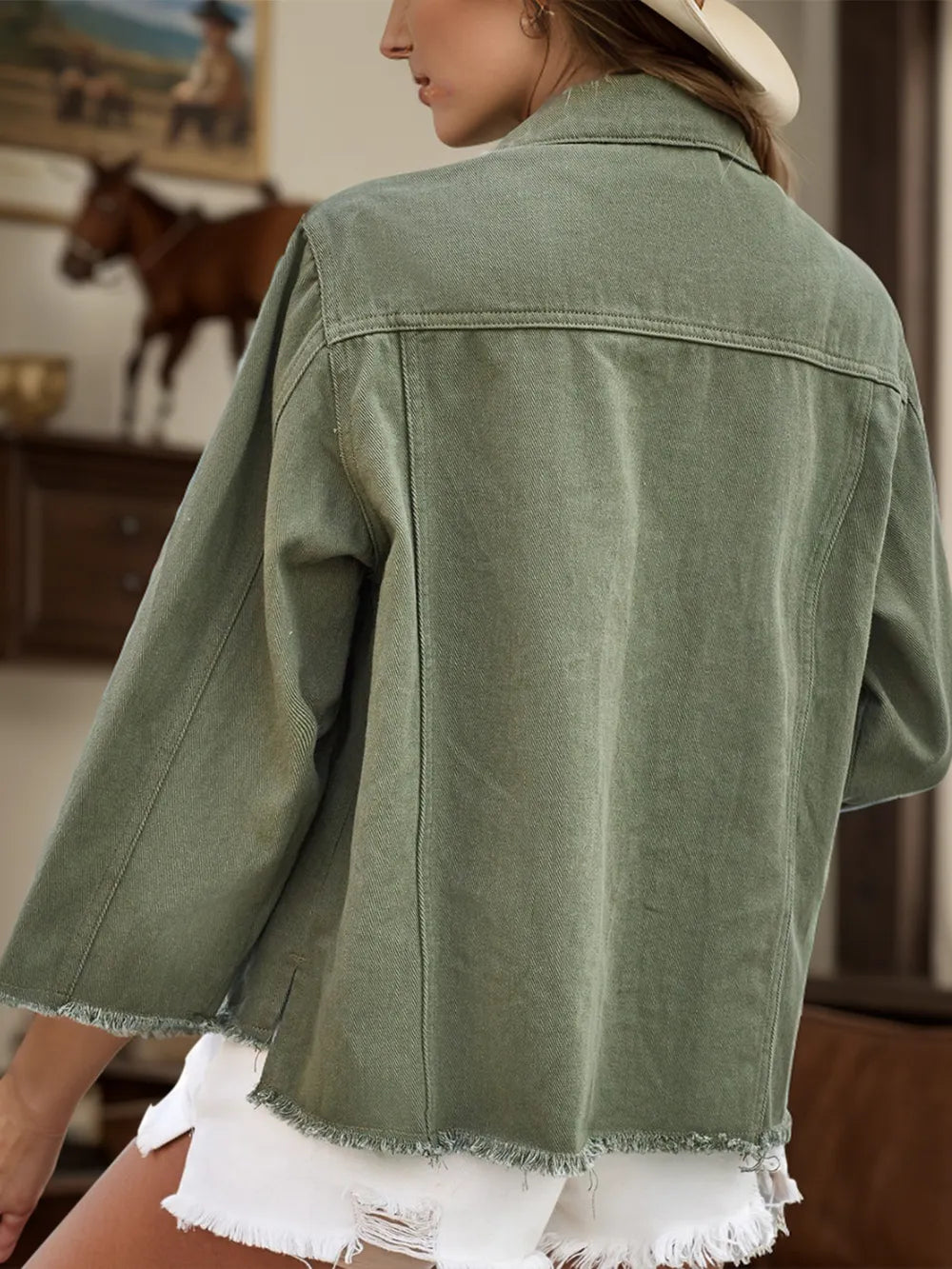 Trendsi raw hem button-up denim jacket featuring classic blue denim, front pockets, and casual style, perfect for everyday wear.