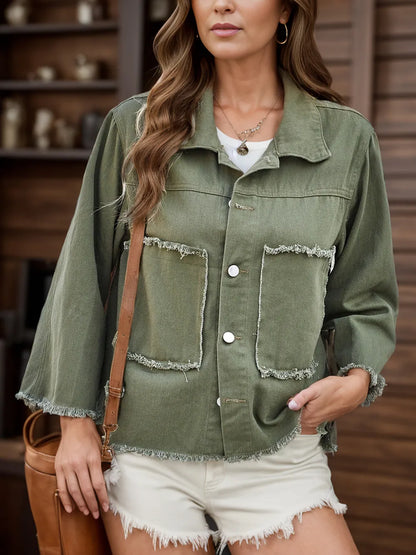 Raw hem button-up denim jacket by Trendsi featuring classic blue denim, front buttons, and a casual, stylish fit.