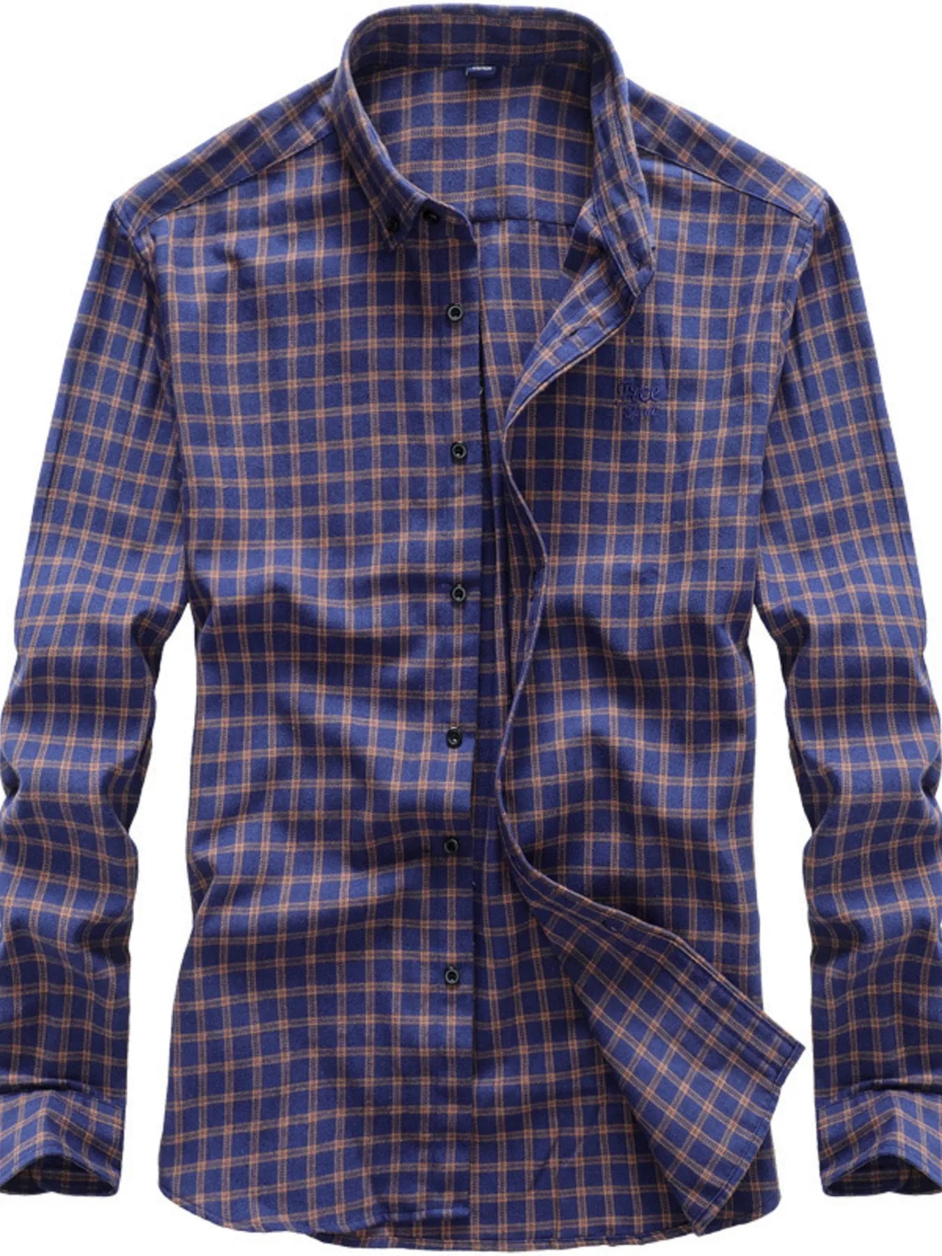 Men's full-size classic plaid button-down shirt in mustard, plus size, by Trendsi, featuring a traditional collar and long sleeves.