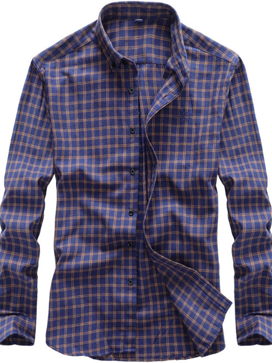 Men's full-size classic plaid button-down shirt in mustard, plus size, by Trendsi, featuring a traditional collar and long sleeves.