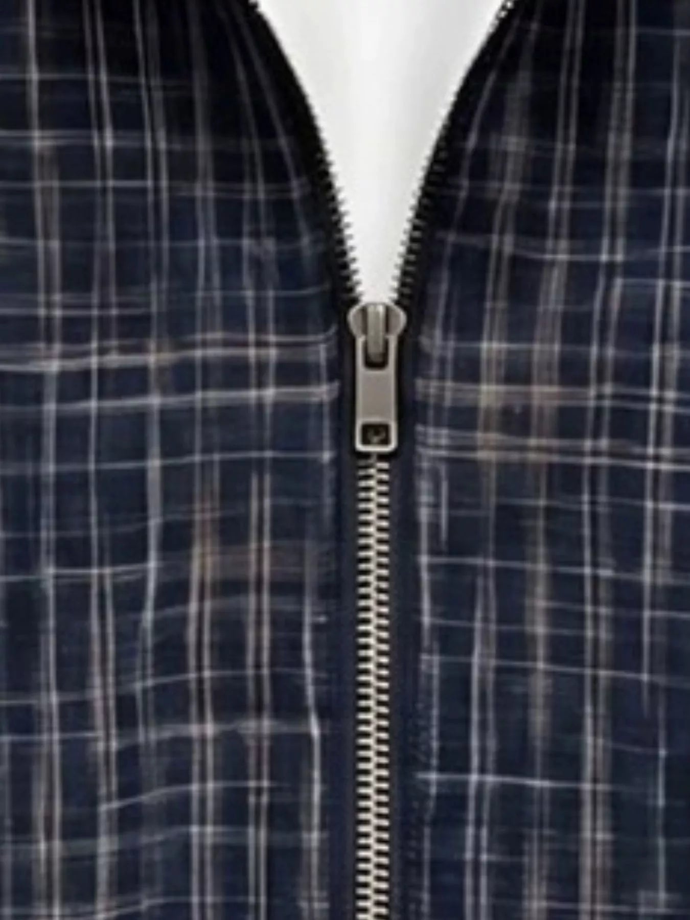 Navy blue men's plus size plaid zipper short sleeve shirt by Trendsi, featuring a classic button-up style and casual fit.