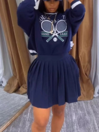 Navy blue sweatshirt and skirt set by Trendsi, featuring a stylish, casual look for effortless chic fashion.
