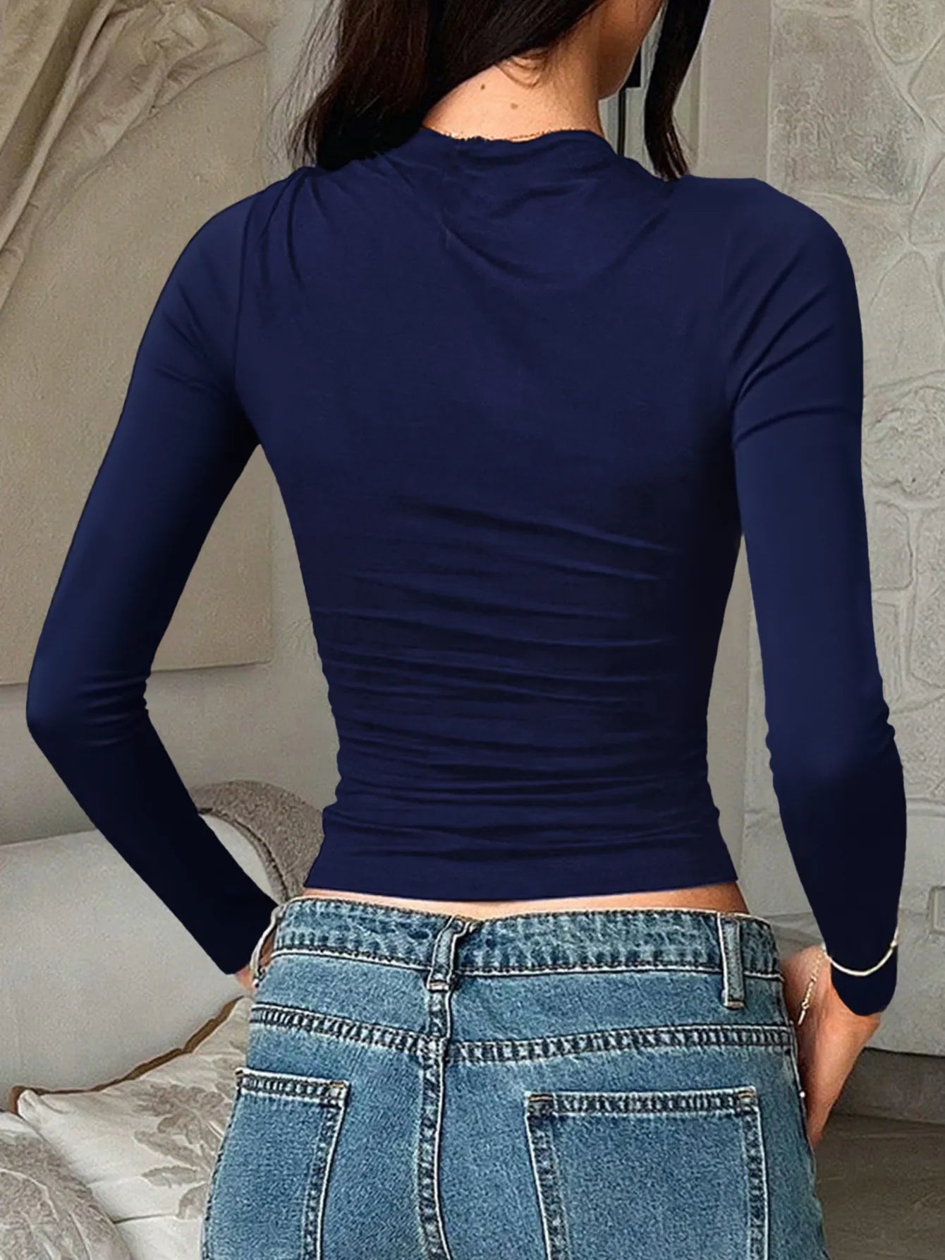 Navy blue fitted long sleeve T-shirt from Trendsi, styled for casual comfort and versatile everyday wear.