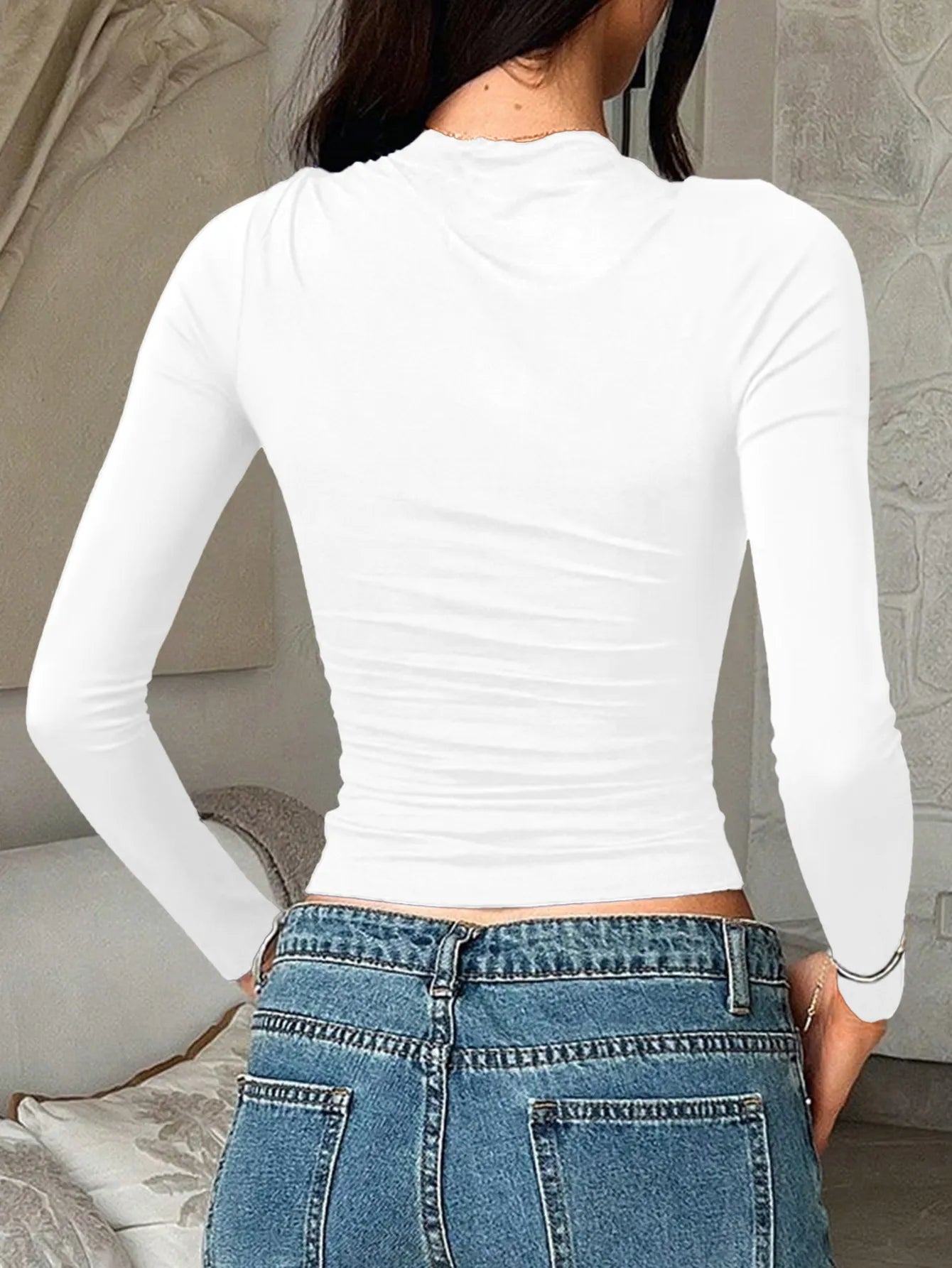 Navy blue fitted long sleeve T-shirt by Trendsi, casual and stylish top for comfortable everyday wear.