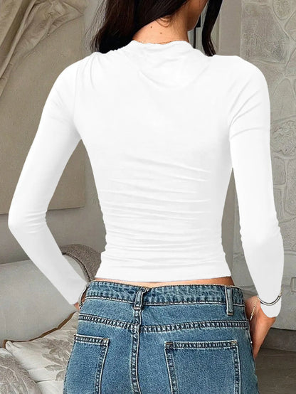 Navy blue fitted long sleeve T-shirt by Trendsi, casual and stylish top for comfortable everyday wear.