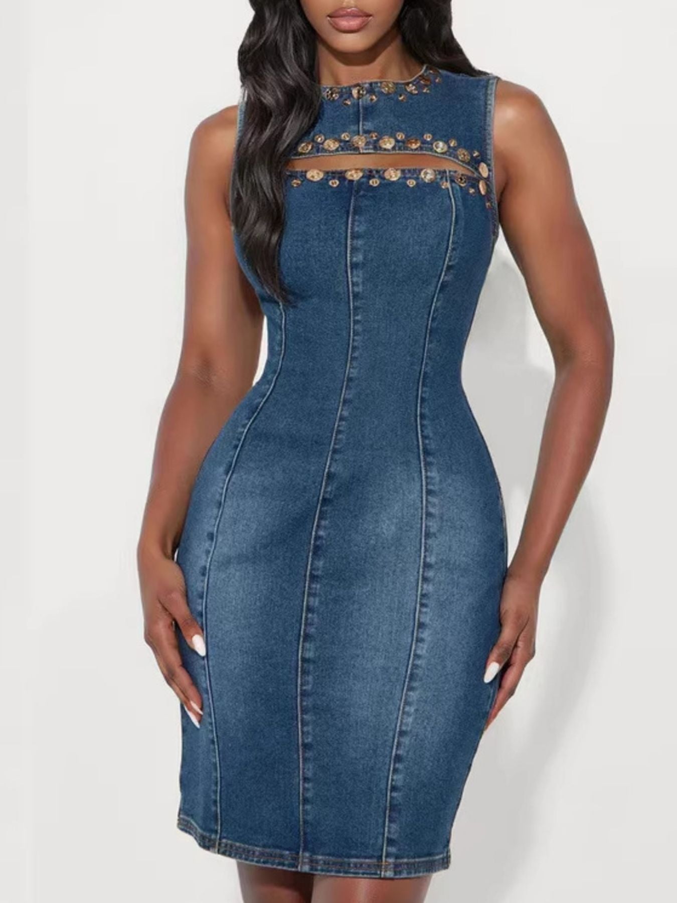 Navy sleeveless denim dress with embellishments and cutout details, stylish Trendsi women's casual summer dress.