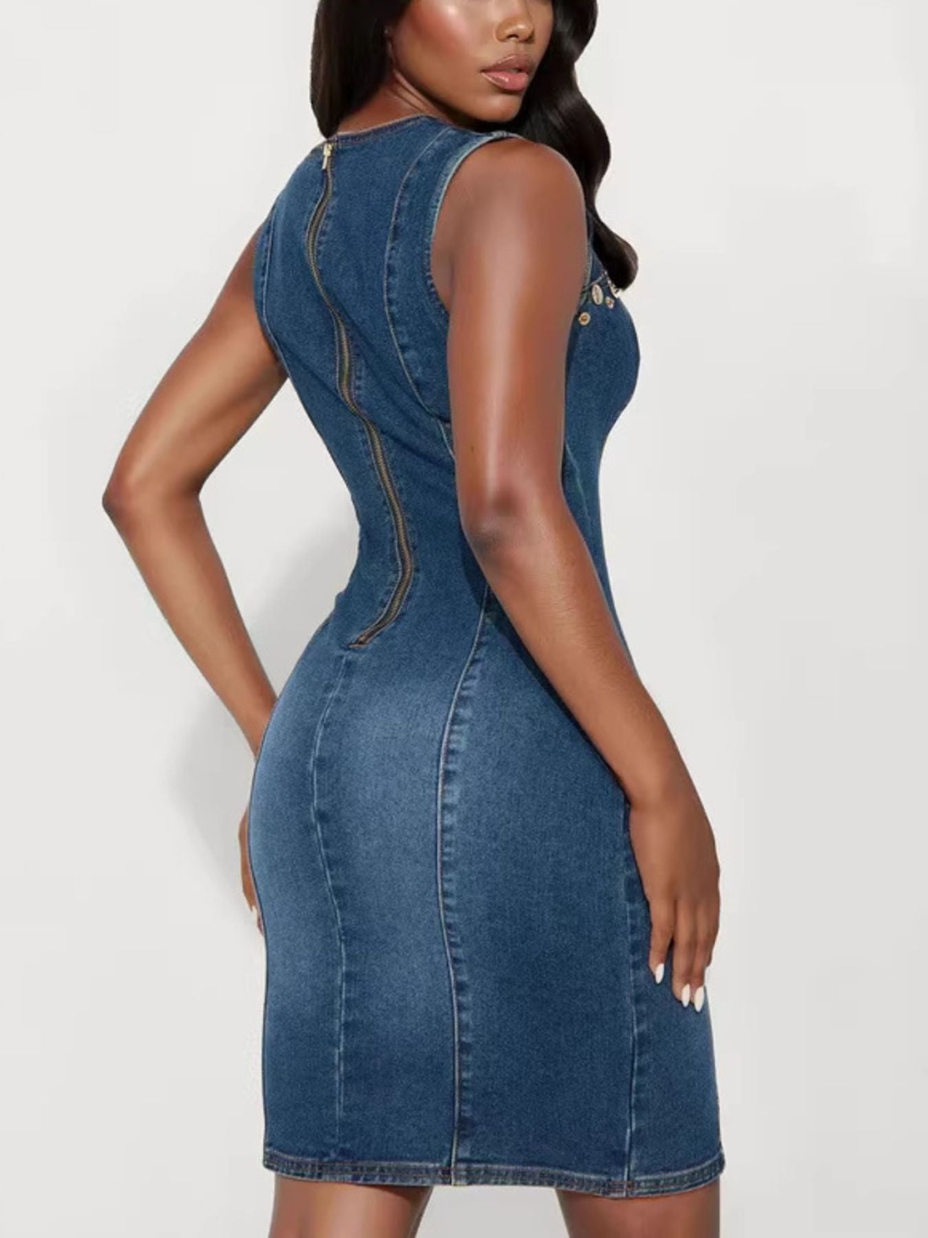 Navy sleeveless denim dress with embellishments and cutout details, stylish Trendsi women's fashion for casual wear.