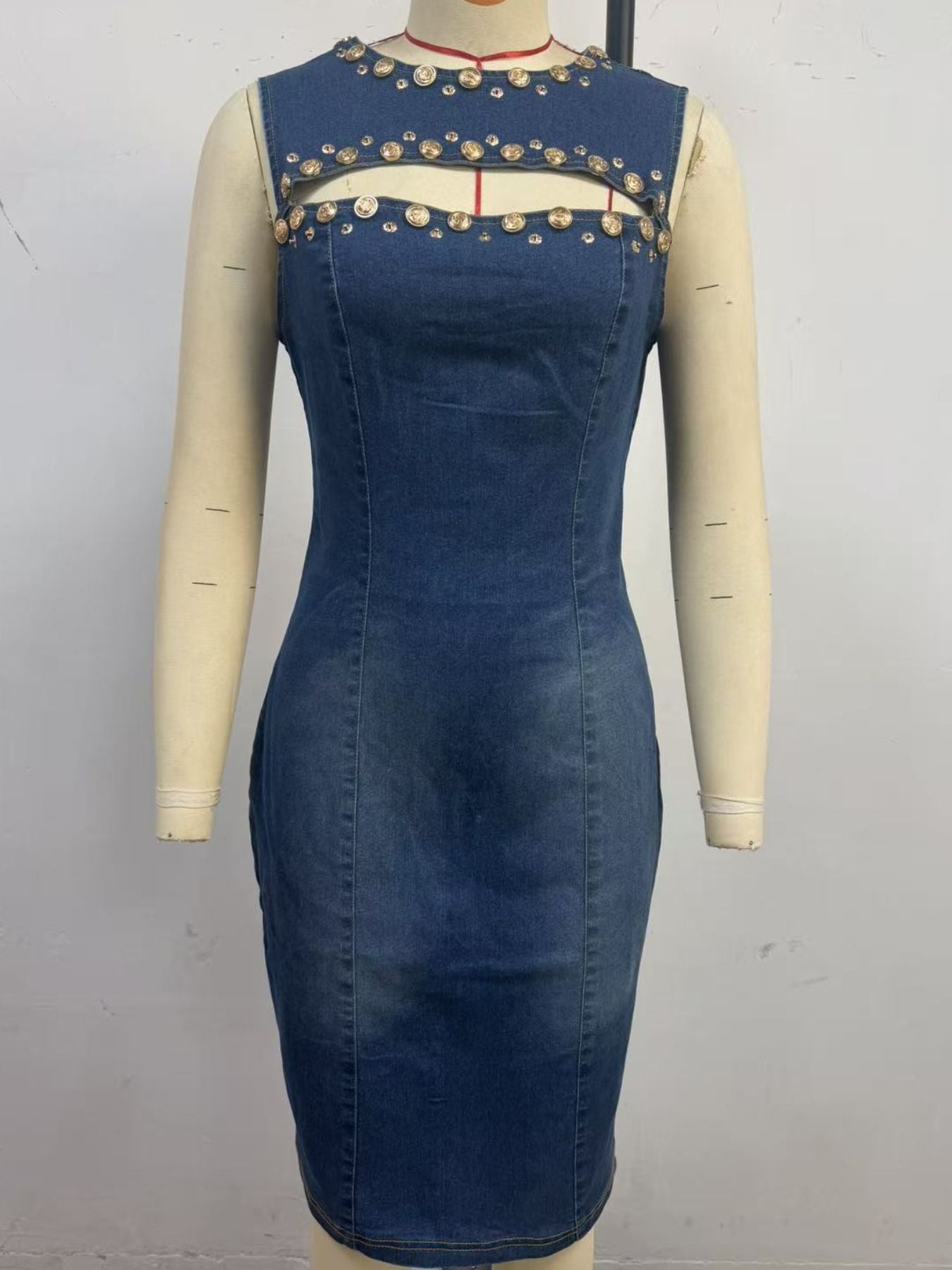 Navy sleeveless denim dress with embellishments and cutout details, stylish Trendsi women's casual summer dress.