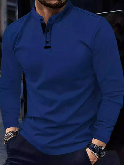 Navy men's full-size long sleeve button detail T-shirt by Trendsi, plus size, casual fit with button accents on the front.