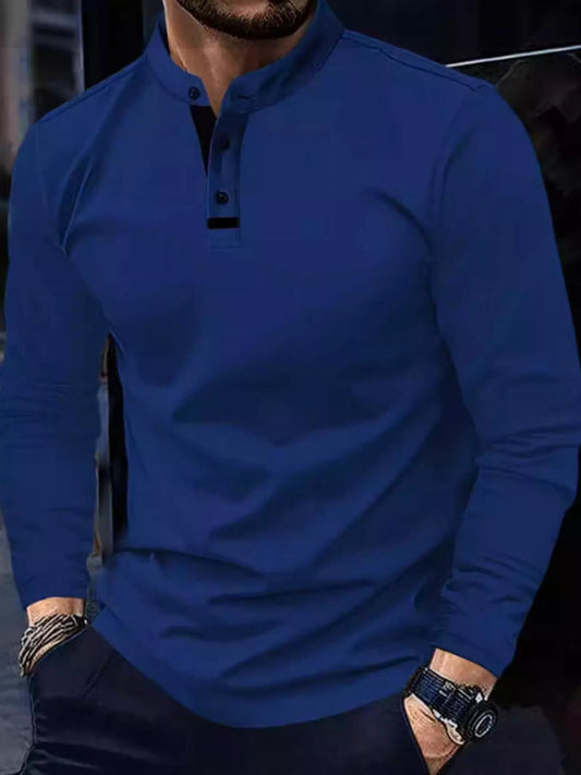 Navy men's full-size long sleeve button detail T-shirt by Trendsi, plus size, casual fit with button accents on the front.