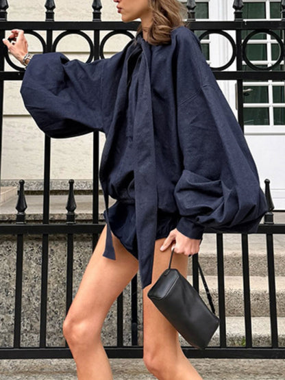 Navy tie-front denim top and matching shorts set by Trendsi, casual summer outfit with front tie details and classic denim style.