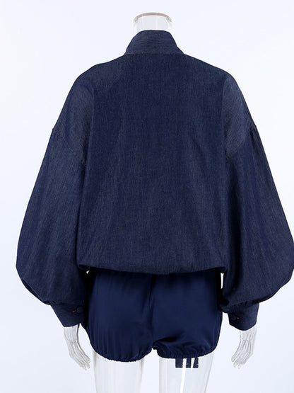 Navy tie-front denim top and matching shorts set by Trendsi, casual summer outfit with front tie detail and relaxed fit.