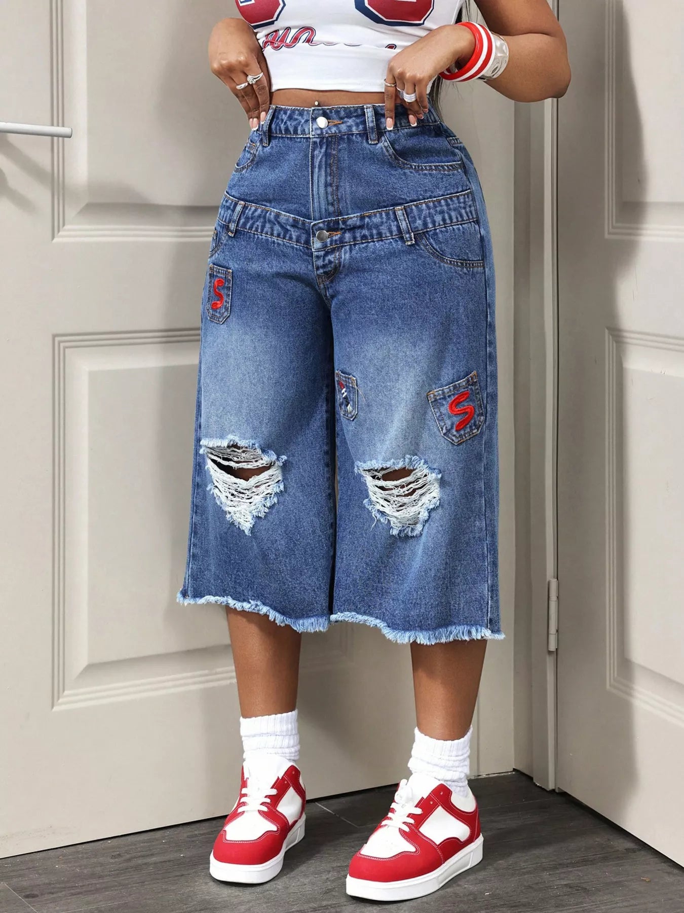 Distressed Wide-Leg Denim Capris - Redemption By Ashley North