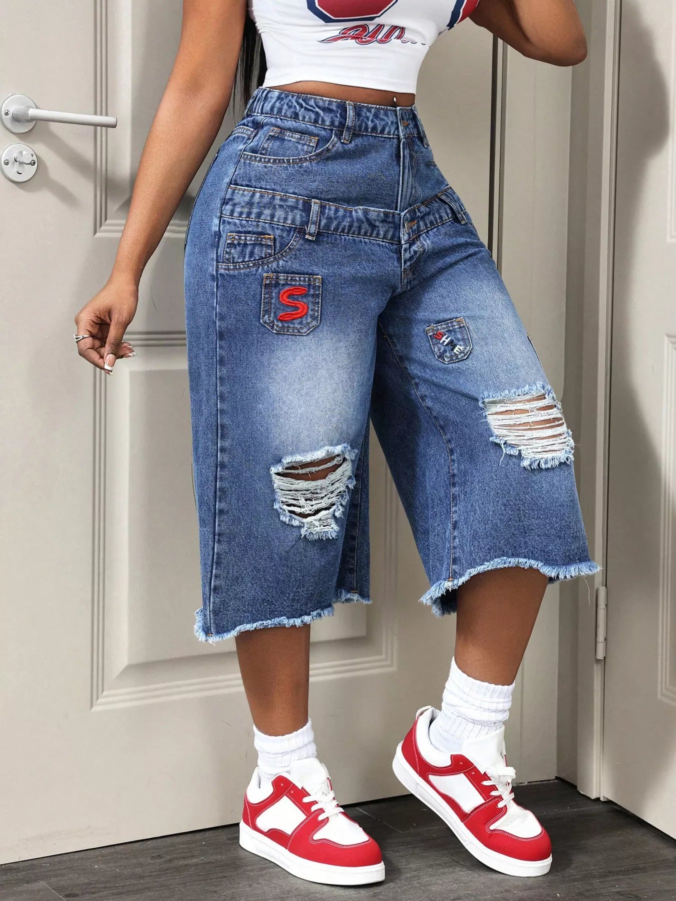 Distressed Wide-Leg Denim Capris - Redemption By Ashley North