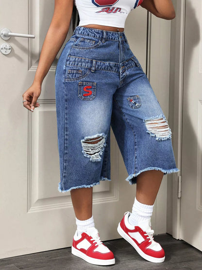 Distressed Wide-Leg Denim Capris - Redemption By Ashley North