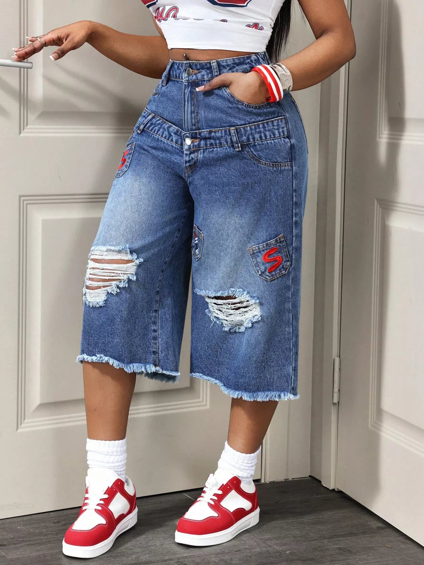 Distressed Wide-Leg Denim Capris - Redemption By Ashley North