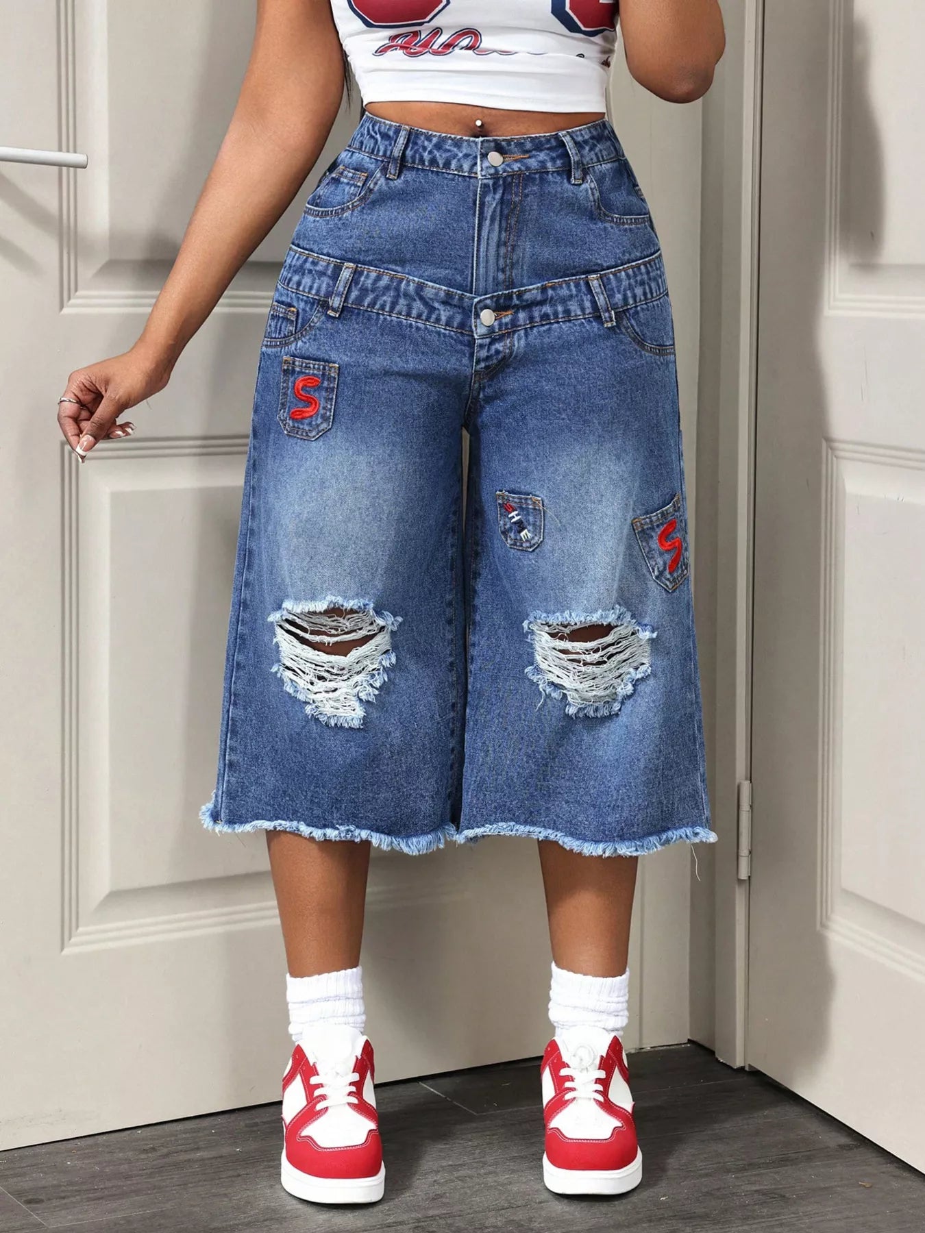Distressed Wide-Leg Denim Capris - Redemption By Ashley North