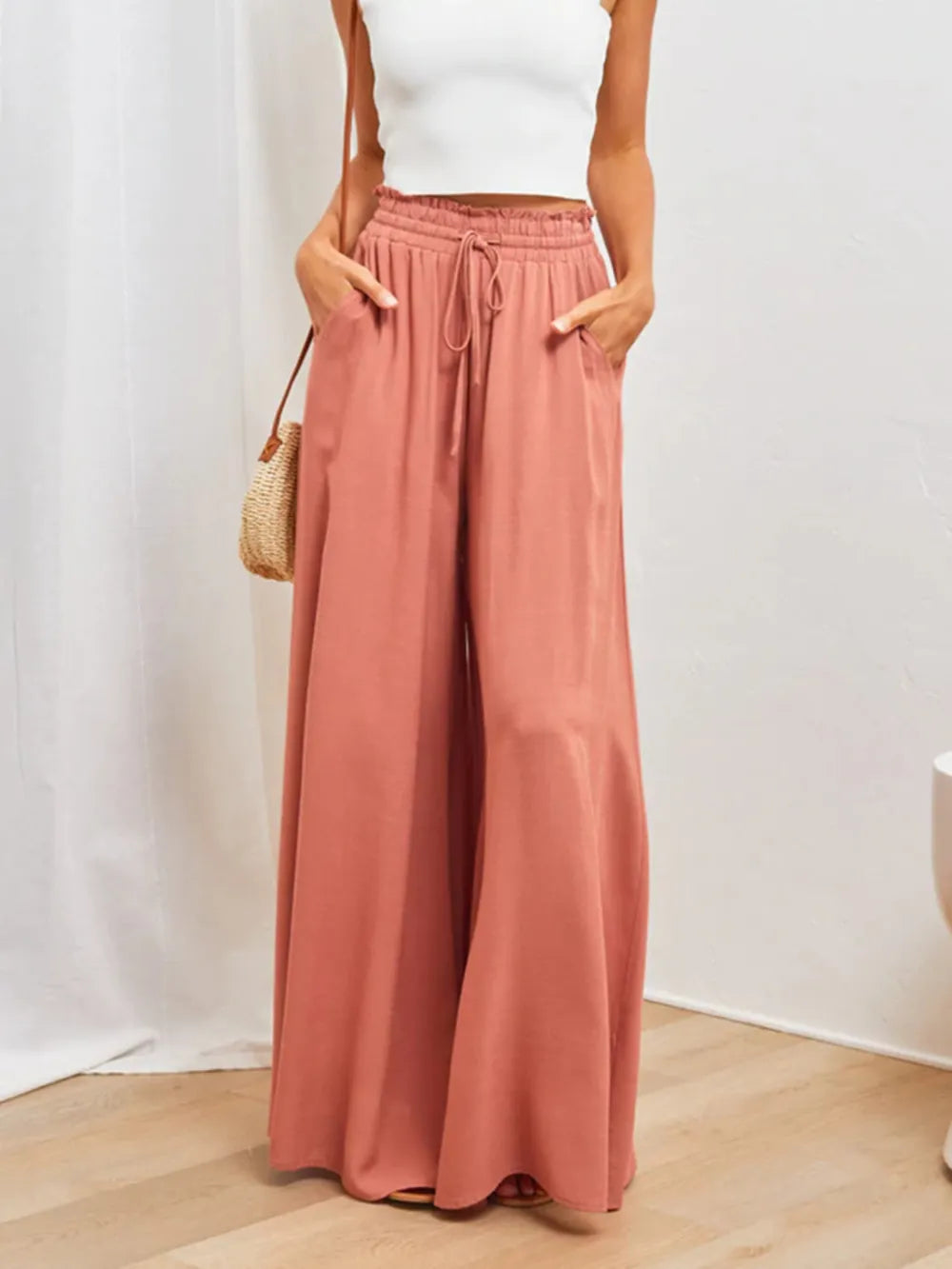 Coral high waist wide-leg pants by Trendsi, shown with a relaxed fit and flowing fabric for a stylish, comfortable look.