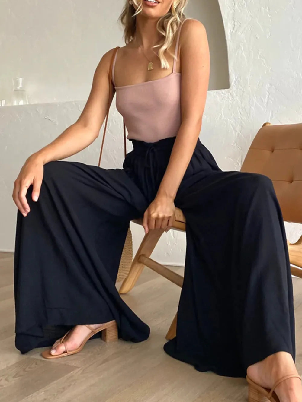 Coral high waist wide leg pants by Trendsi, featuring a relaxed fit and flowy silhouette for a stylish, comfortable look.