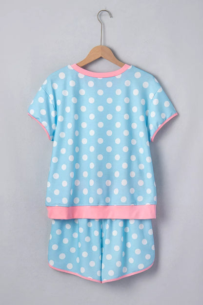 Pastel blue polka dot contrast trim top and drawstring shorts set by Trendsi, casual summer outfit with playful pattern and comfortable fit.