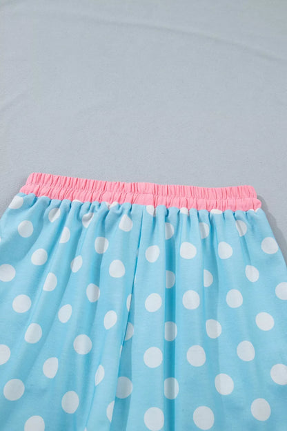Pastel blue polka dot contrast trim top and drawstring shorts set by Trendsi, casual and stylish summer outfit.