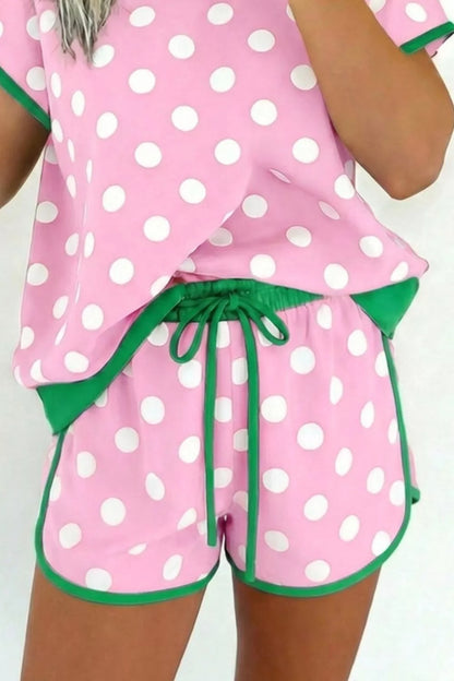 Pastel blue polka dot contrast trim top and drawstring shorts set by Trendsi, casual summer outfit with playful pattern.