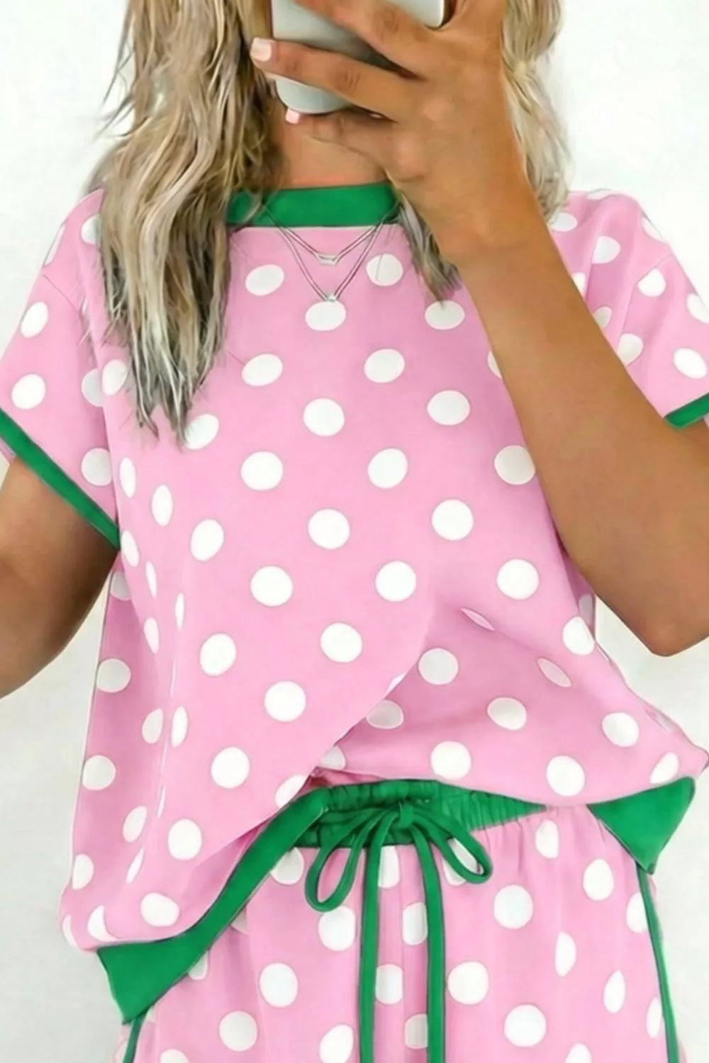 Pastel blue polka dot contrast trim top with matching drawstring shorts set by Trendsi, casual and comfortable summer outfit.