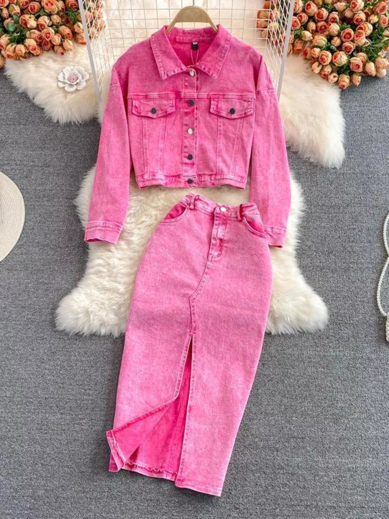 Button Up Jacket and Slit Skirt Denim Set - Redemption By Ashley North