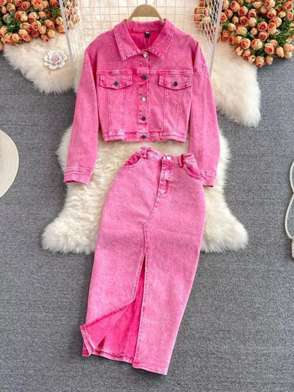 Button Up Jacket and Slit Skirt Denim Set - Redemption By Ashley North