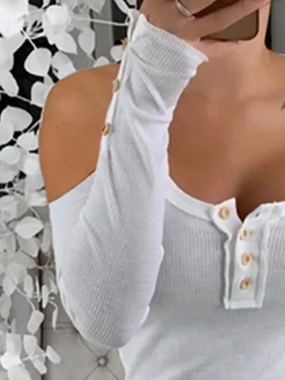 Pink cold shoulder ribbed henley T-shirt with button detail from Trendsi, featuring a fitted design and stylish neckline.