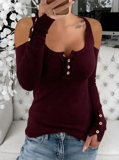 Pink cold shoulder ribbed Henley T-shirt with button detail, featuring a trendy and comfortable fit by Trendsi.