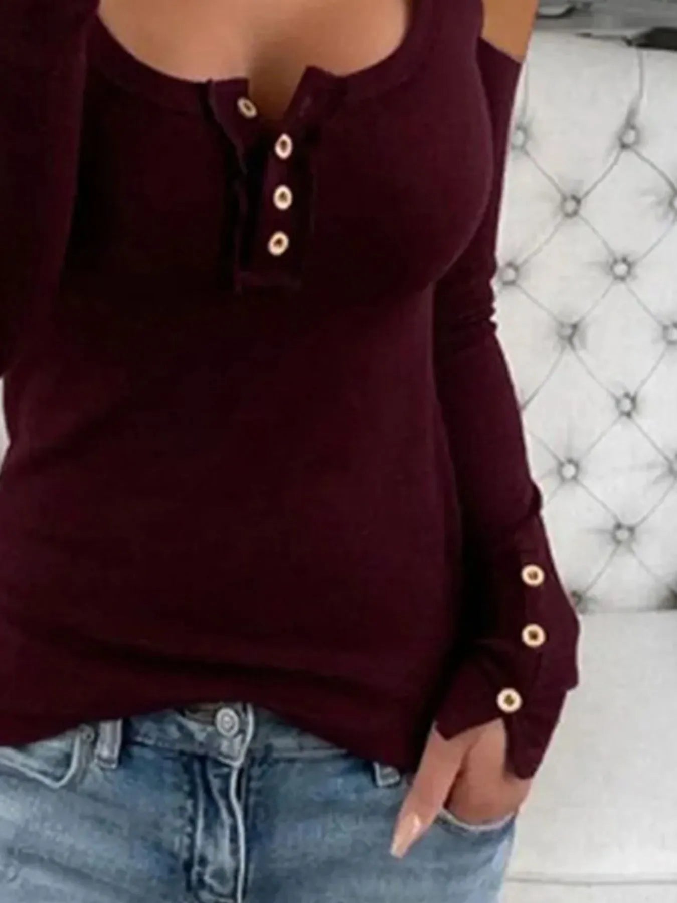 Pink cold shoulder ribbed Henley T-shirt with button detail from Trendsi, featuring long sleeves and a relaxed fit.