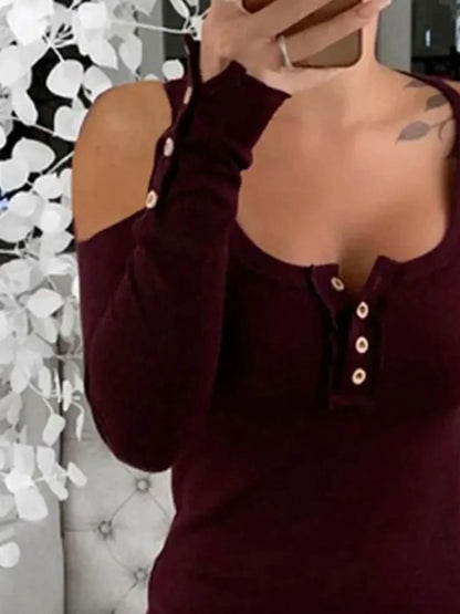 Pink cold shoulder ribbed Henley T-shirt with button detail, casual women's top by Trendsi, close-up of fabric and design.