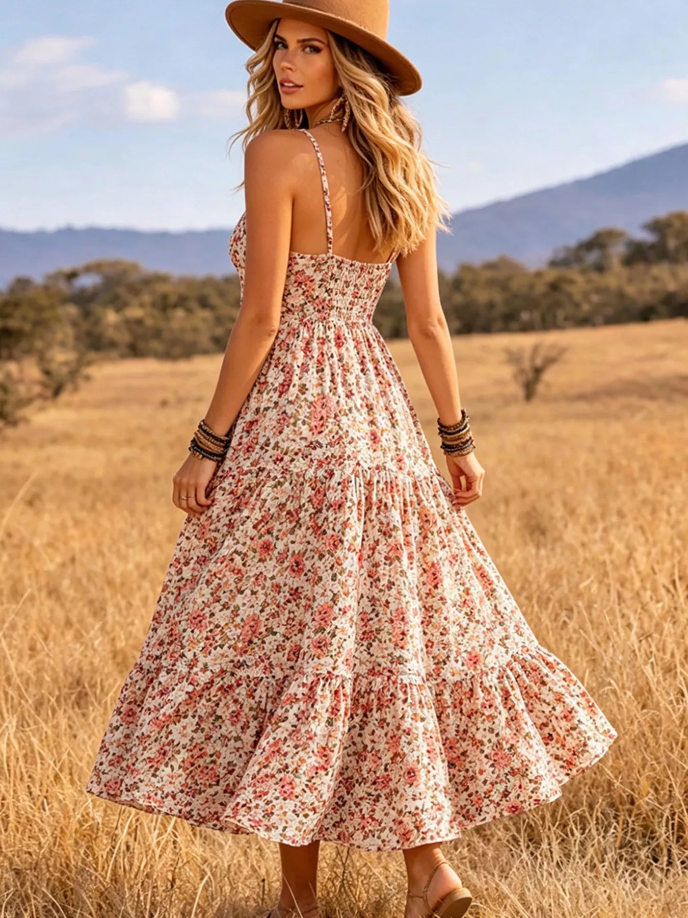 Floral print V-neck midi dress from Trendsi featuring a fitted waist and flowing skirt, perfect for spring and summer wear.