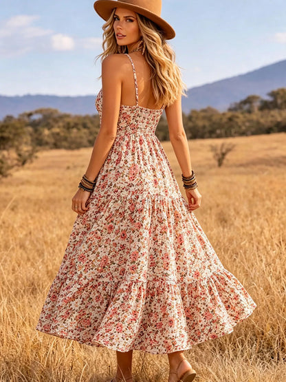 Floral print V-neck midi dress from Trendsi featuring a fitted waist and flowing skirt, perfect for spring and summer wear.