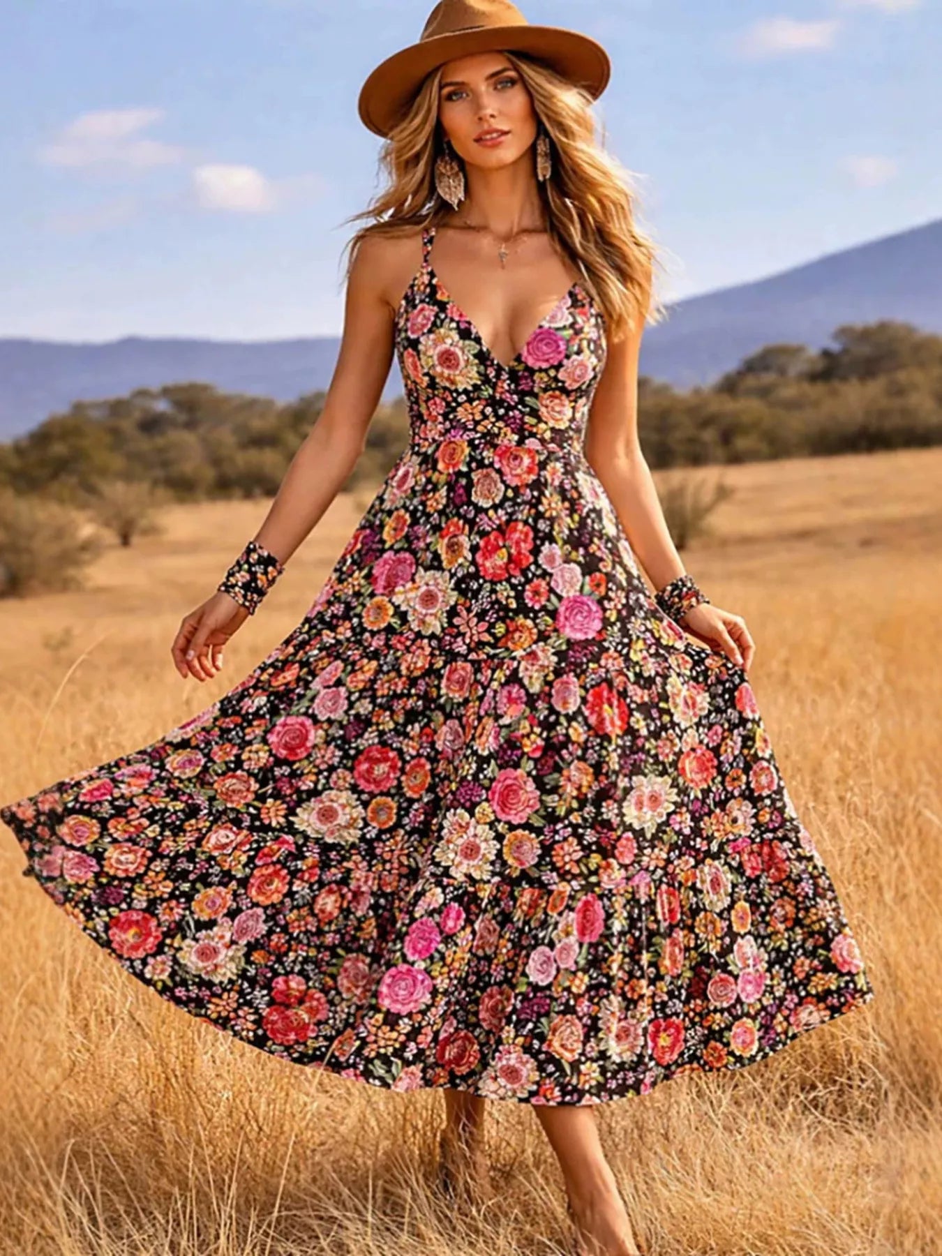 Floral print V-neck midi dress from Trendsi featuring a flowy fabric and a stylish silhouette.