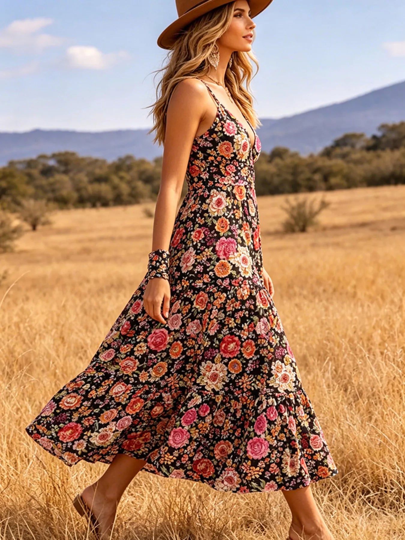Floral print V-neck midi dress by Trendsi, featuring a flowy silhouette and vibrant flower patterns on lightweight fabric.