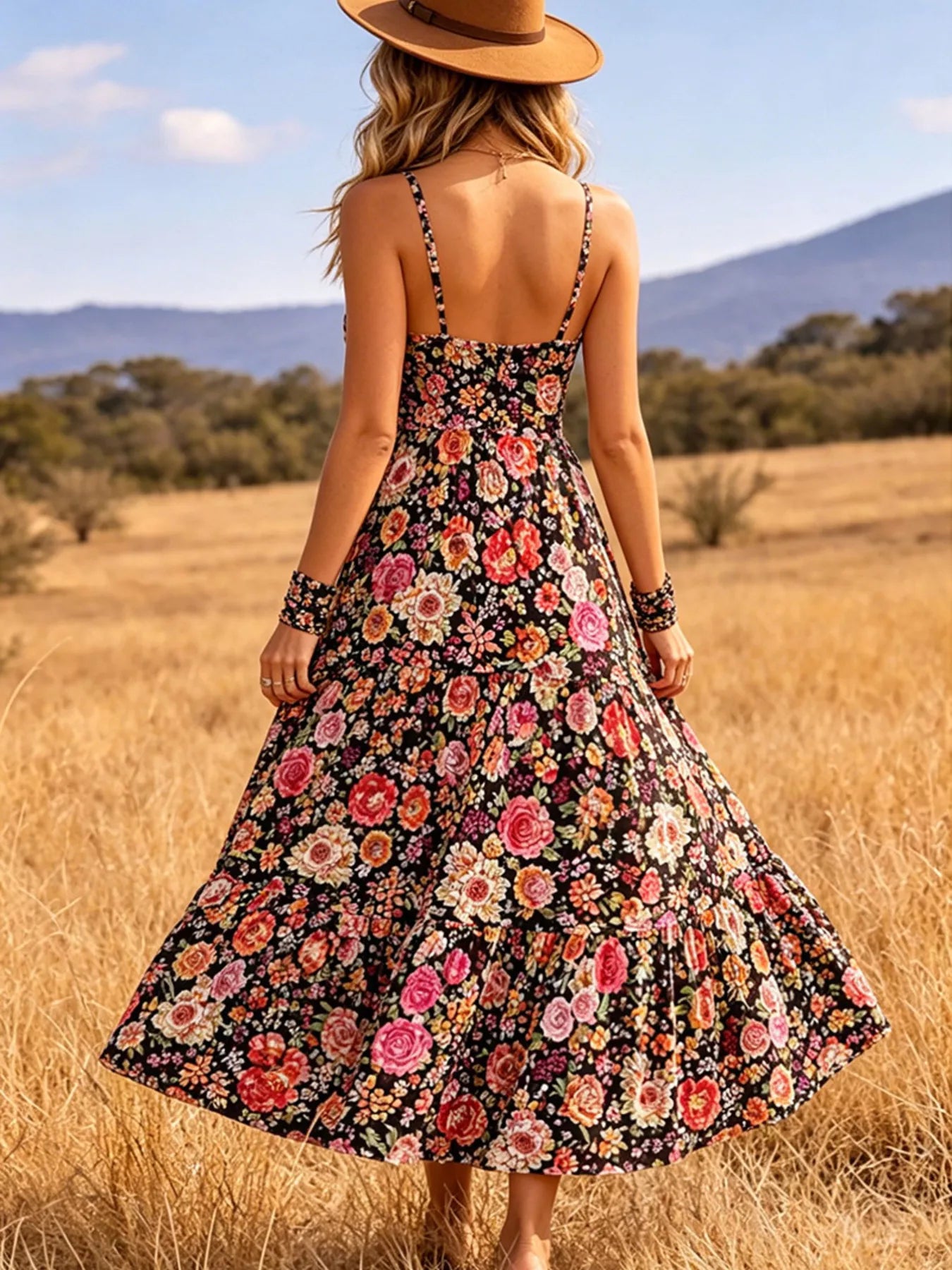 Floral print V-neck midi dress by Trendsi featuring a fitted waist and flowing skirt, perfect for spring and summer occasions.