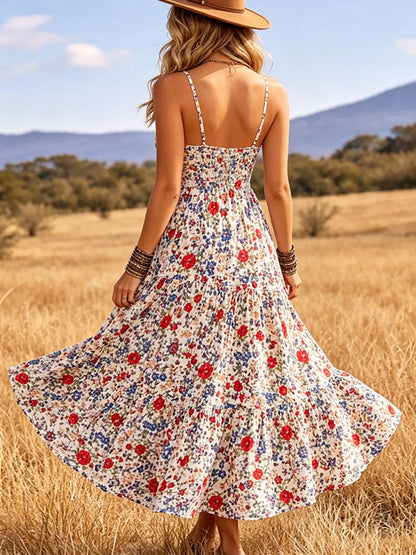 Floral print V-neck midi dress by Trendsi featuring a flowy fabric and elegant design suitable for summer or casual occasions.