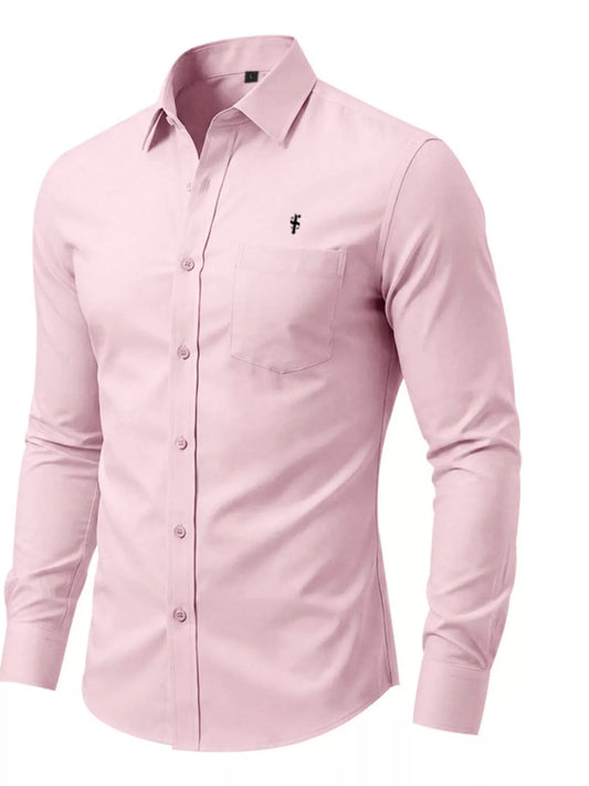 Men's pink full-size slim fit button-up shirt by Trendsi, designed for plus size, shown on a hanger with a collared front.