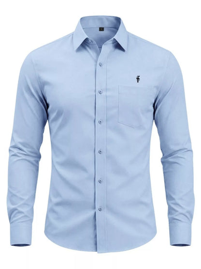 Men's pink full-size slim fit button-up shirt by Trendsi, featuring a classic collar and long sleeves, ideal for casual or formal wear.