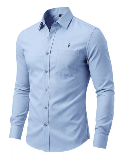 Pink men's slim fit full-size button-up shirt by Trendsi, shown flat with collar and long sleeves, plus size style.